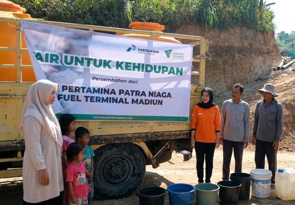 PERTAMINA PATRA NIAGA FUEL TERMINAL MADIUN DAN DOMPET DHUAFA JATIM ALIRKAN 6.000 LITER AIR BERSIH UNTUK WARGA PEGUNUNGAN PACITAN